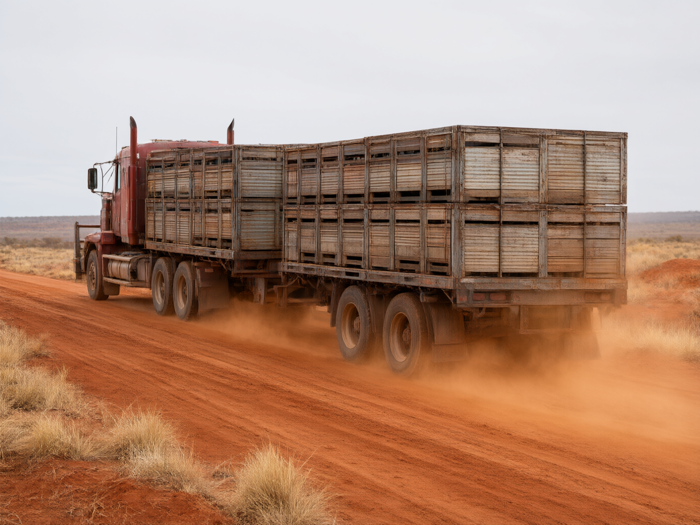 A two-trailer road train hauling livestock crates along an unsealed Australian road, raising dust behind it